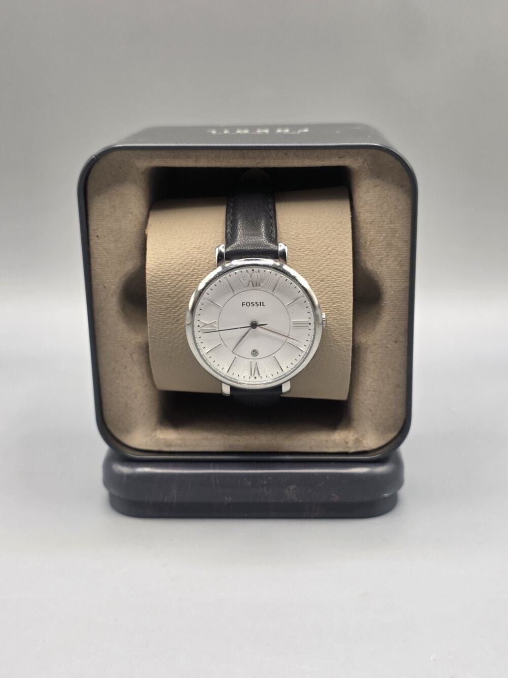 Fossil Jacqueline ES3972 Women’s Black Leather Watch Silver Case White Dial